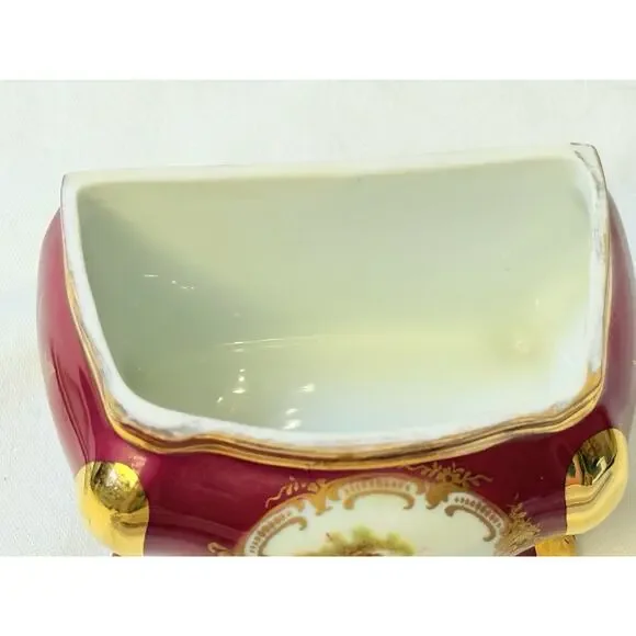 Vtg Porcelain SA Limoges Courting Couple Burgundy &Gold Trinket Box
